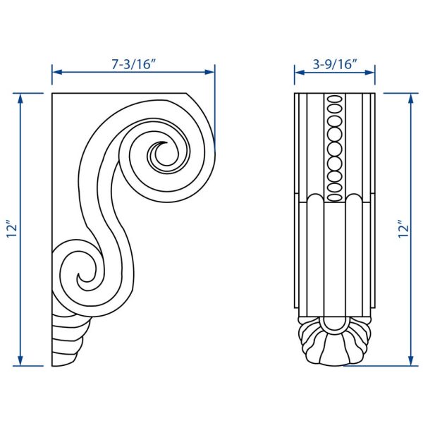 Cooper, Hudson, Monaco - 3-9/16" W x 12" H x 7-3/16" D Corbel - Large Classic Scroll - in Grey LS-PGRY-CORBEL